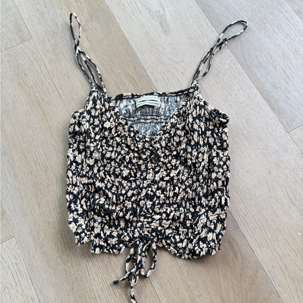 Urban Outfitters Black Floral Smocked Cami with Cream Accents